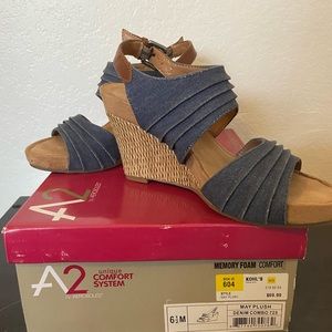 Open toed shoes, size 6 1/2, denim combo, 3 1/2 inches, wore once